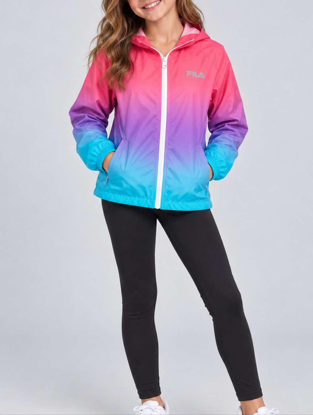Fila Girls' Ombre Hooded Windbreaker Jacket - Pink Purple Turquoise